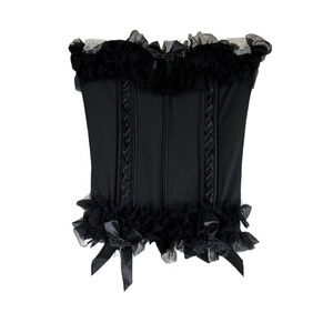 Seven ’til Midnight Corset Top Black Satin Ruffle Mesh Gothic Burlesque Vampire